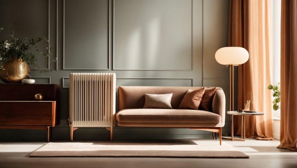 PhotoReal_A_sleek_modern_electric_radiator_nestled_in_the_corn_0
